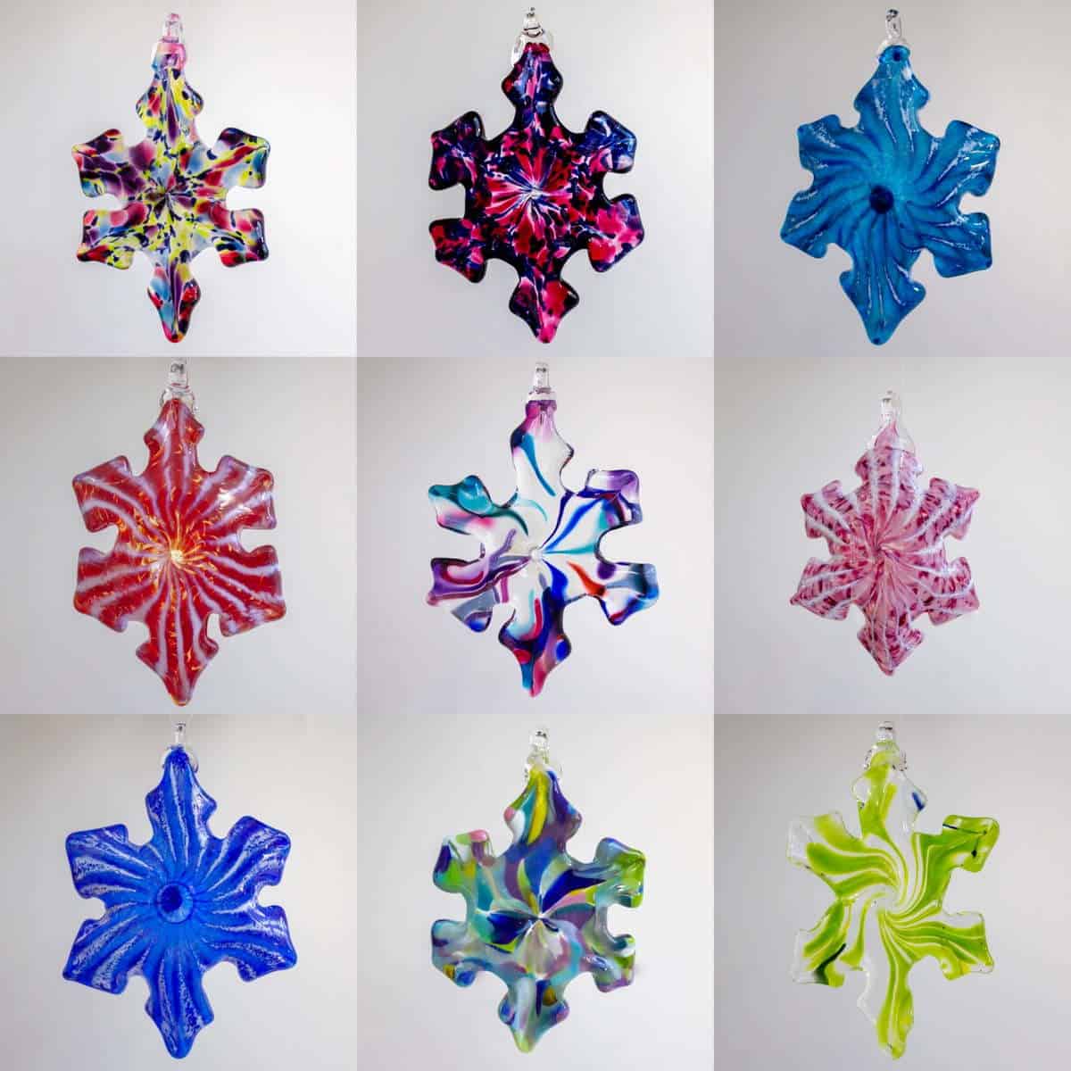 Snowflake Ornaments group of Handblown glass snowflake ornaments